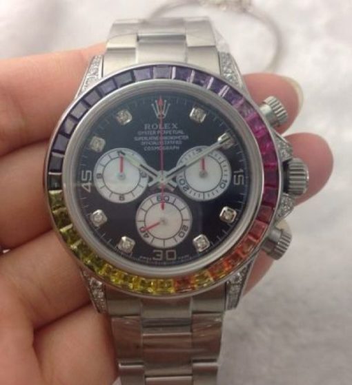 rolex replica daytona rainbow full diamonds oro bianco orologio replica - immagine 2