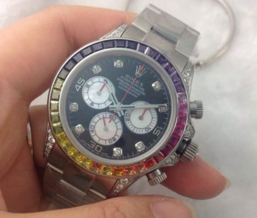 rolex replica daytona rainbow full diamonds oro bianco orologio replica - immagine 4