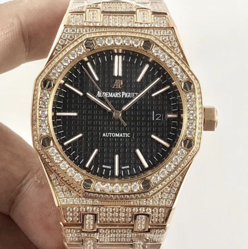 Audemars piguet replica royal oak 15400ST 41mm rose gold full paved diamonds black dial