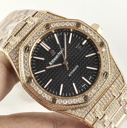 Audemars piguet replica royal oak 15400ST 41mm rose gold full paved diamonds black dial - immagine 3