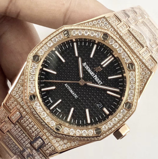 Audemars piguet replica royal oak 15400ST 41mm rose gold full paved diamonds black dial - immagine 4