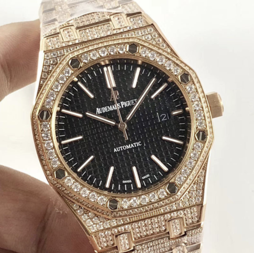 Audemars piguet replica royal oak 15400ST 41mm rose gold full paved diamonds black dial - immagine 5