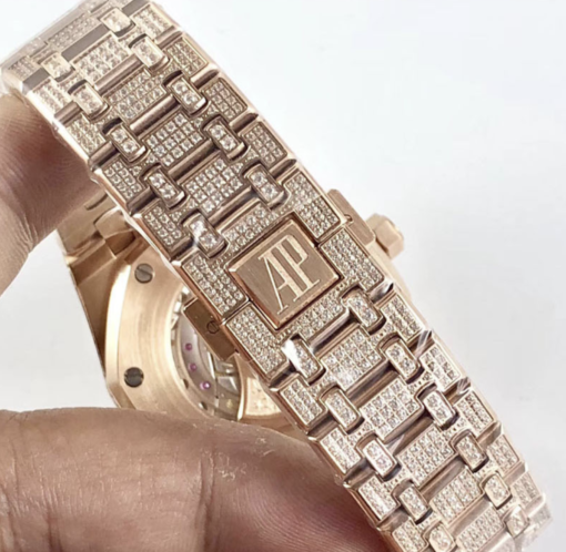 Audemars piguet replica royal oak 15400ST 41mm rose gold full paved diamonds black dial - immagine 7
