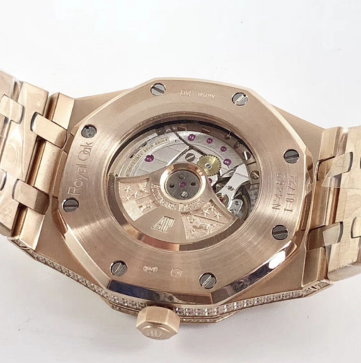 Audemars piguet replica royal oak 15400ST 41mm rose gold full paved diamonds black dial - immagine 9