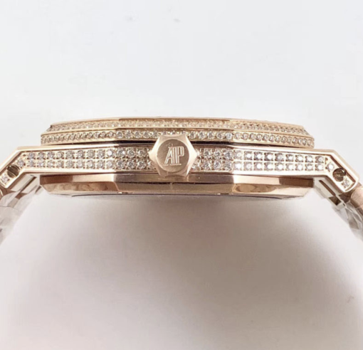 Audemars piguet replica royal oak 15400ST 41mm rose gold full paved diamonds black dial - immagine 10